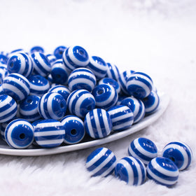 16mm Royal Blue with White Stripe Bubblegum Beads
