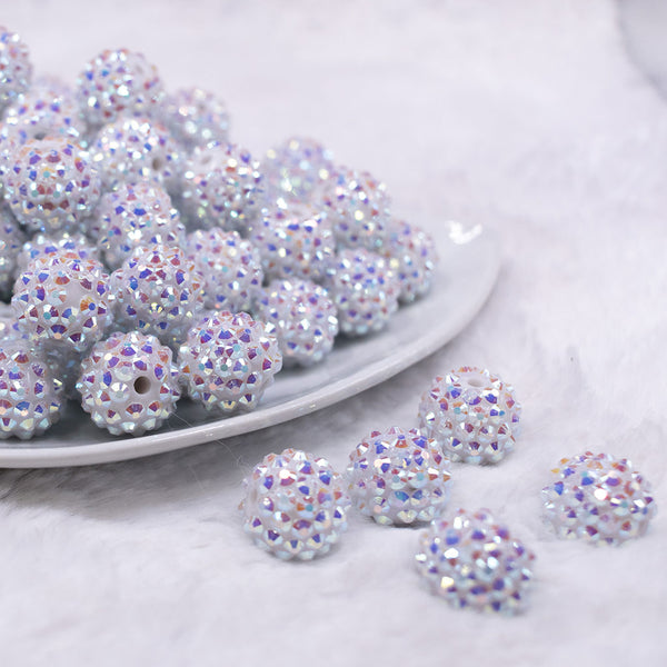 Front view of a pile of 16mm White Sparkle Rhinestone AB Chunky Bubblegum Jewelry Beads