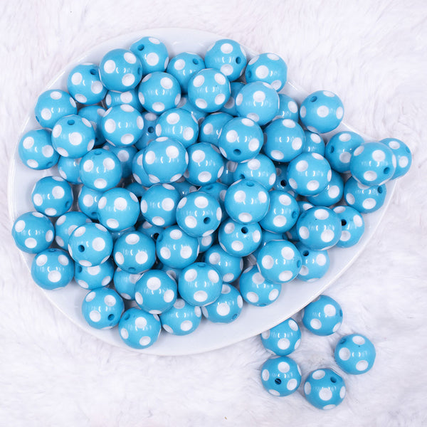 top view of a pile of 16mm Blue with White Polka Dots Bubblegum Beads