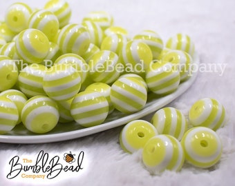 front view of a pile of 16mm Chartreuse with White Stripe Bubblegum Beads