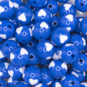 16mm Cobalt Blue with White Hearts Bubblegum Beads