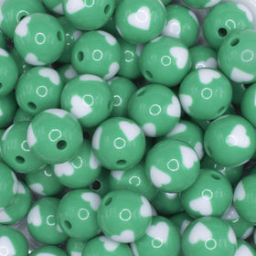 16mm Green with White Hearts Bubblegum Beads