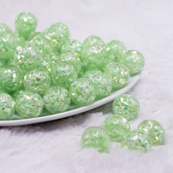 front view of a pile of 16mm Lime Green Majestic Confetti Bubblegum Beads