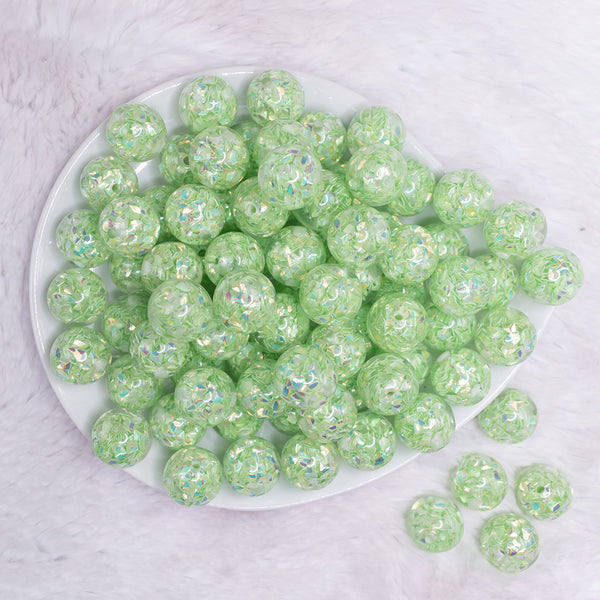 top view of a pile of 16mm Lime Green Majestic Confetti Bubblegum Beads