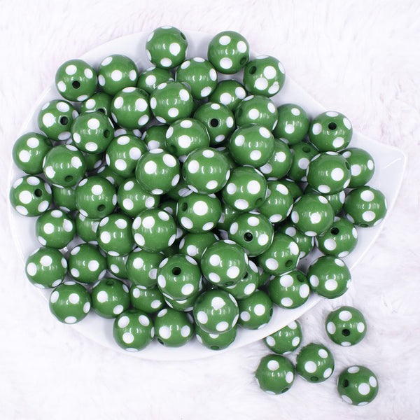 top view of a pile of 16mm Green with White Polka Dots Bubblegum Beads
