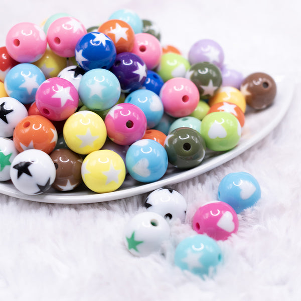 front view of a pile of 16mm Stars & Hearts Mix Acrylic Bubblegum Beads Bulk - 100 Count