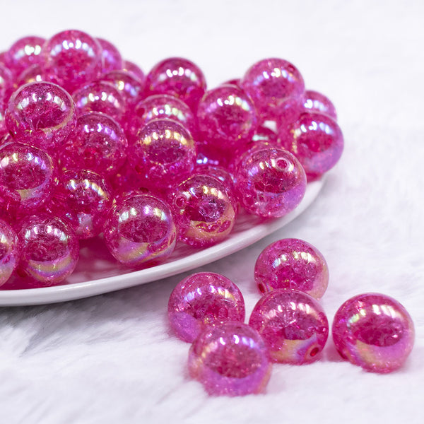 front view of a pile of 16mm Hot Pink Crackle AB Bubblegum Beads