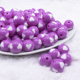 16mm Purple with White Hearts Bubblegum Beads