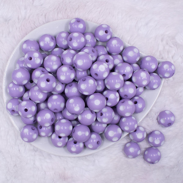 Top view of a pile of 16mm Light Purple with White Polka Dots Bubblegum Beads