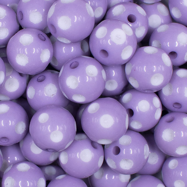 Close up view of a pile of 16mm Light Purple with White Polka Dots Bubblegum Beads