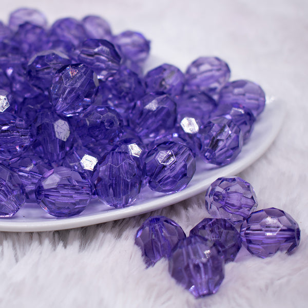front view of a pile of 16mm Light Purple Transparent Faceted Bubblegum Beads