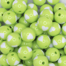 16mm Lime Green with White Hearts Bubblegum Beads