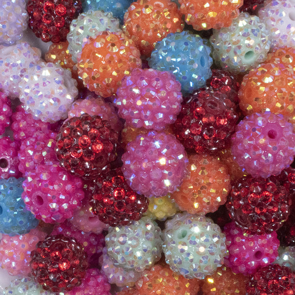 close up view of a pile of 16mm Rhinestone AB Acrylic Bubblegum Bead Mix - 100 Count