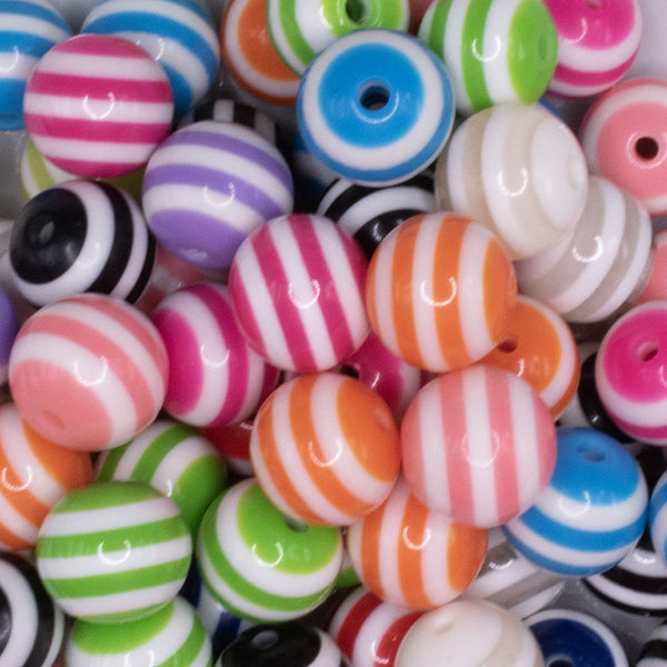 close up view of a pile of 16mm Striped Mix Acrylic Bubblegum Beads Bulk - 100 Count