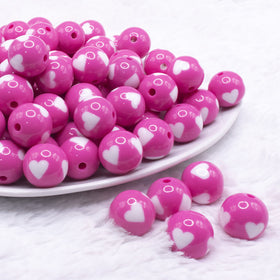 16mm Pink with White Hearts Bubblegum Beads