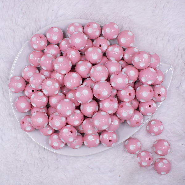 Top view of a pile of 16mm Pink with White Polka Dots Bubblegum Beads