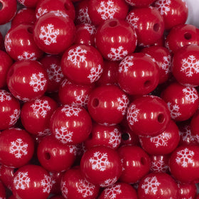16mm Red with White Snowflake Print Acrylic Bubblegum Beads