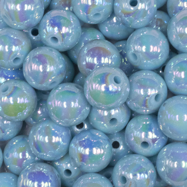 close up view of a pile of 16mm Sea Blue Solid AB Bubblegum Beads