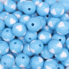 16mm Sky Blue with White Hearts Bubblegum Beads