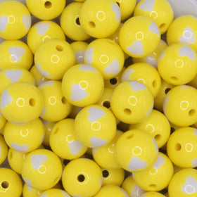 16mm Yellow with White Hearts Bubblegum Beads