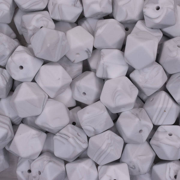 front view of a pile of 17mm Marble White Hexagon Silicone Bead