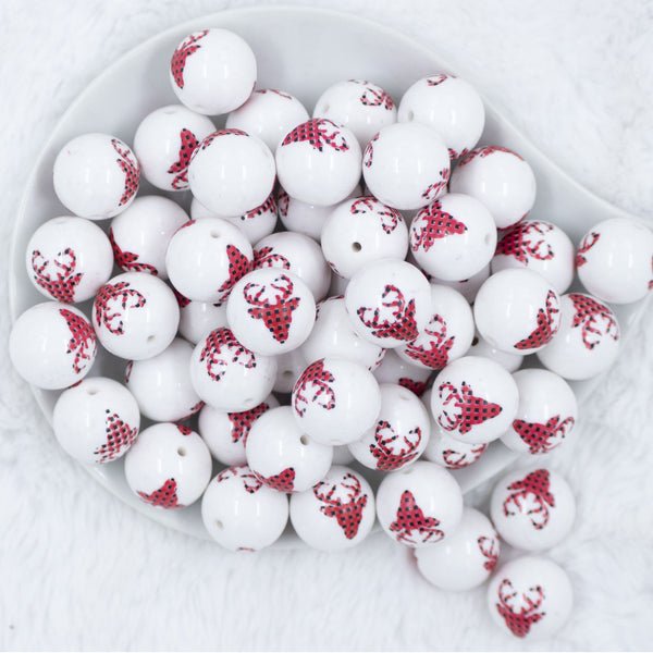 Top view of a pile of 20mm Buffalo Plaid Deer Head Print Chunky Acrylic Bubblegum Beads [10 Count]