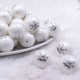 20mm Cat Mom Print on Matte White Acrylic Bubblegum Beads