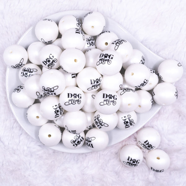 Top view of a pile of 20mm Dog Mom print on Matte White Chunky Acrylic Bubblegum Beads jewelry