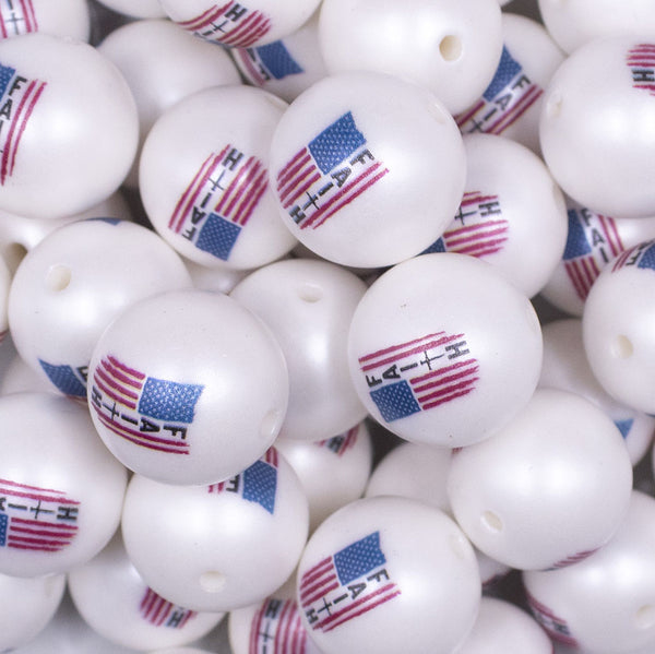 Close up view of a pile of 20mm Patriotic Faith Flag print on Matte White Chunky Acrylic Bubblegum Beads Jewelry