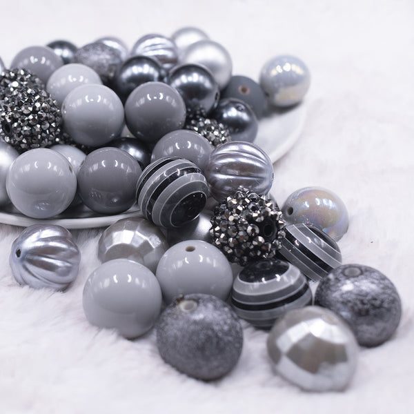 Front view of a pile of 20mm Ten Shades of Gray Chunky Acrylic Bubblegum Bead Mix - 50 Count