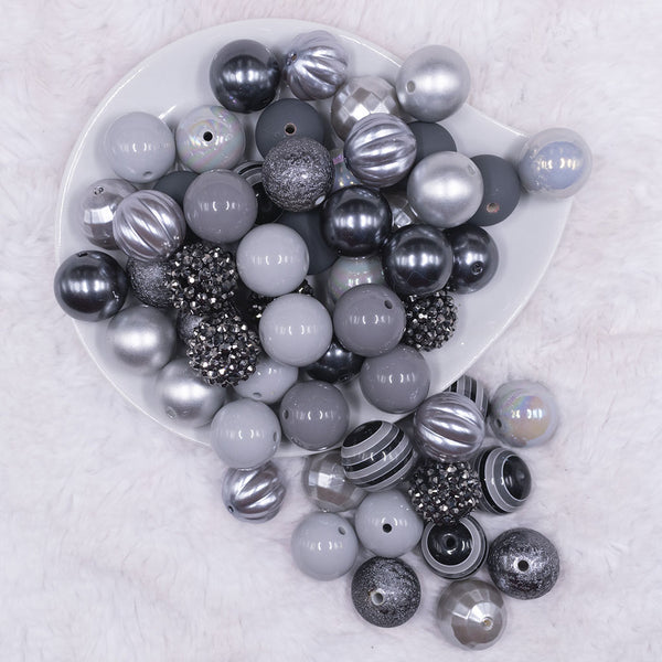 Top view of a pile of 20mm Ten Shades of Gray Chunky Acrylic Bubblegum Bead Mix - 50 Count