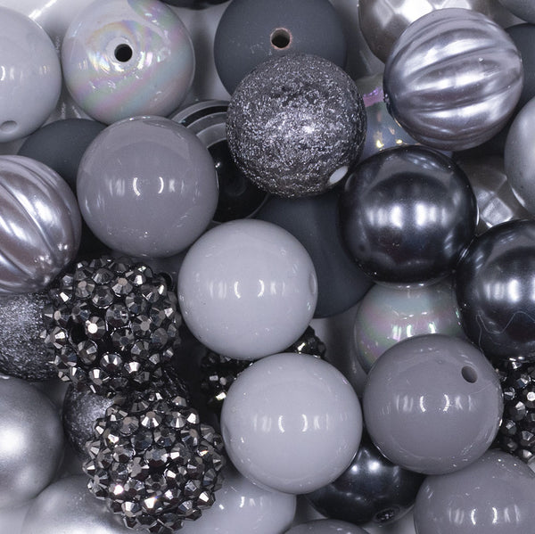 Close up view of a pile of 20mm Ten Shades of Gray Chunky Acrylic Bubblegum Bead Mix - 50 Count