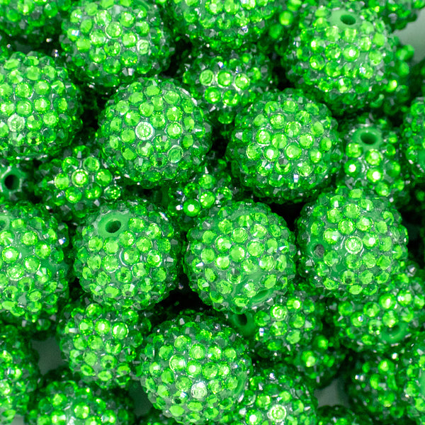 close up view of a pile of 20mm Green Rhinestone Bubblegum Beads