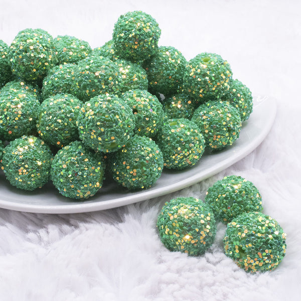 front view of a pile of 20mm Green Sequin Confetti Bubblegum Beads