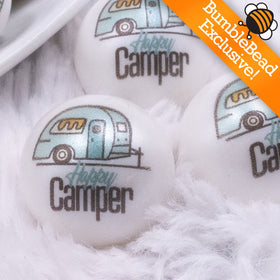 20mm Happy Camper print on Matte White Acrylic Bubblegum Beads