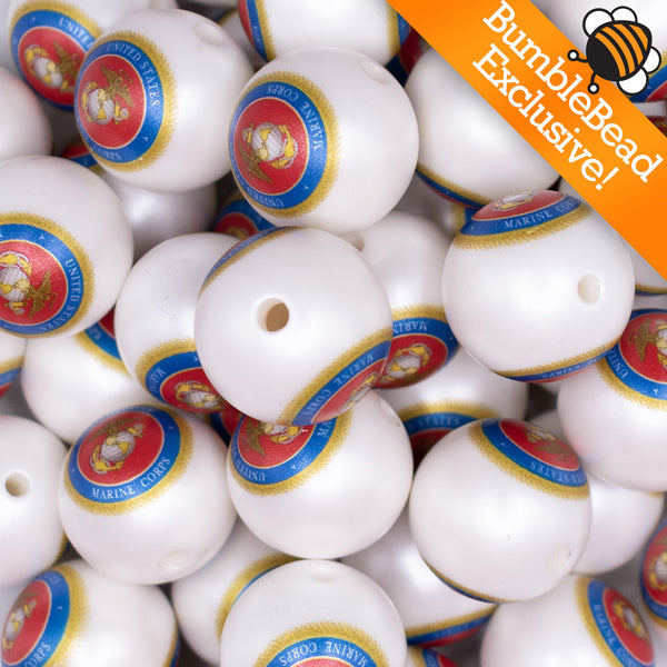 Close up view of a pile of 20mm United States Marines printed Acrylic Bubblegum Beads