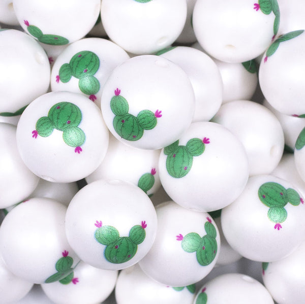 Close up view of a pile of 20mm Cactus Mouse Ear print on Matte White Chunky Acrylic Bubblegum Beads jewelry