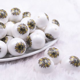 20mm Sunflower with Yellowstone Y print on Matte White Chunky Acrylic Bubblegum Beads
