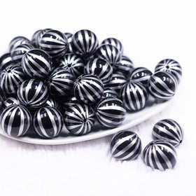 20mm Black with Silver Pin Stripes Acrylic Bubblegum Beads