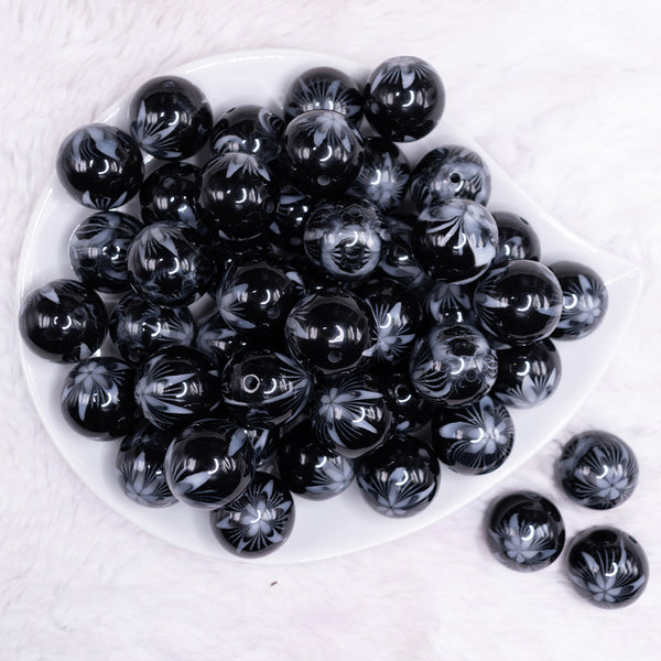 top view of a pile of 20mm Black with White Marble Flower Bubblegum Beads