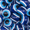 close up view of a pile of 20mm Blue and Black Evil Eye Chunky Bubblegum Jewelry Beads