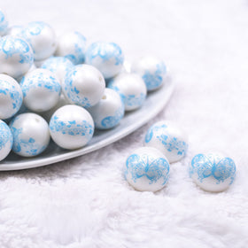 20mm Blue Butterfly pattern on white matte chunky acrylic Bubblegum Beads