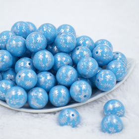 20mm Silver Snowflake Print on Blue Acrylic Bubblegum Beads