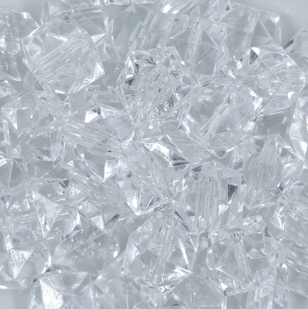 Close up view of a pile of 20mm Clear Transparent Cube Faceted Pearl Bubblegum Beads