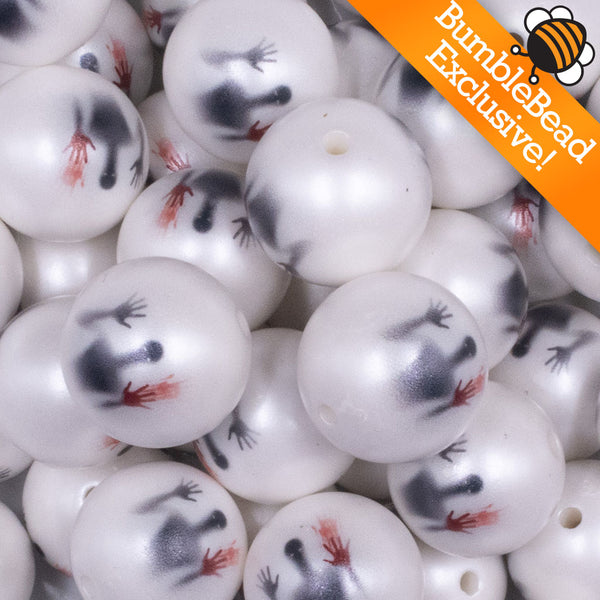 close up view of a pile of 20mm Scary Shadow print on Matte White Acrylic Bubblegum Beads