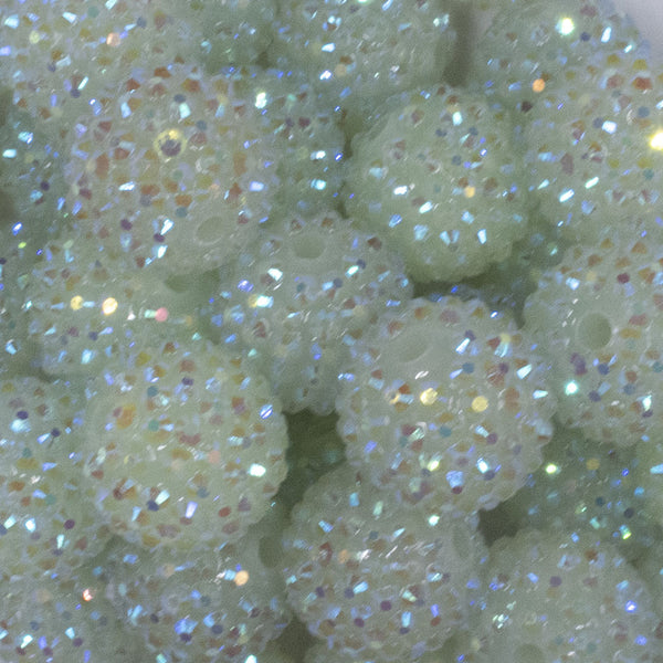 close up view of a pile of 20mm Glow in the Dark Rhinestone AB Bubblegum Beads