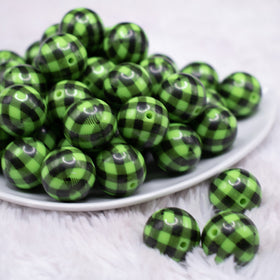 20mm Lime Green and Black Plaid Print Bubblegum Beads