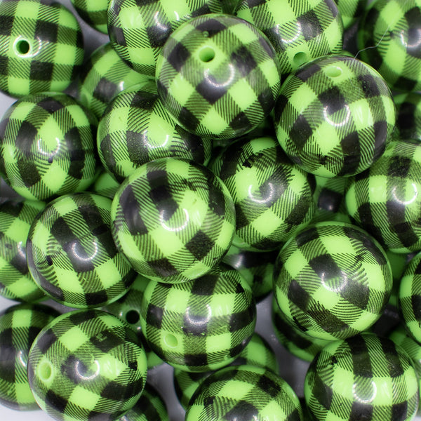 close up view of a pile of 20mm Green and Black Plaid Print Bubblegum Beads