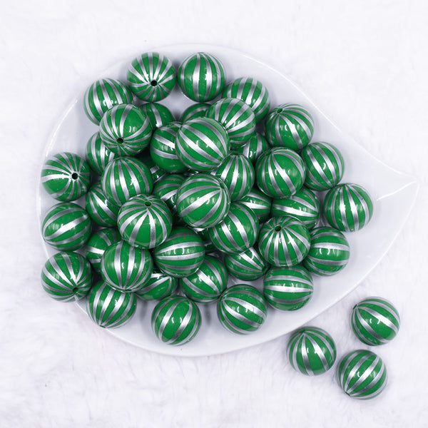 Top view of a pile of 20mm Green with Silver Pin Stripes Acrylic Bubblegum Beads