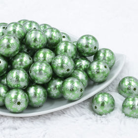 20mm Green Pearl with Silver Snowflake Print Acrylic Bubblegum Beads